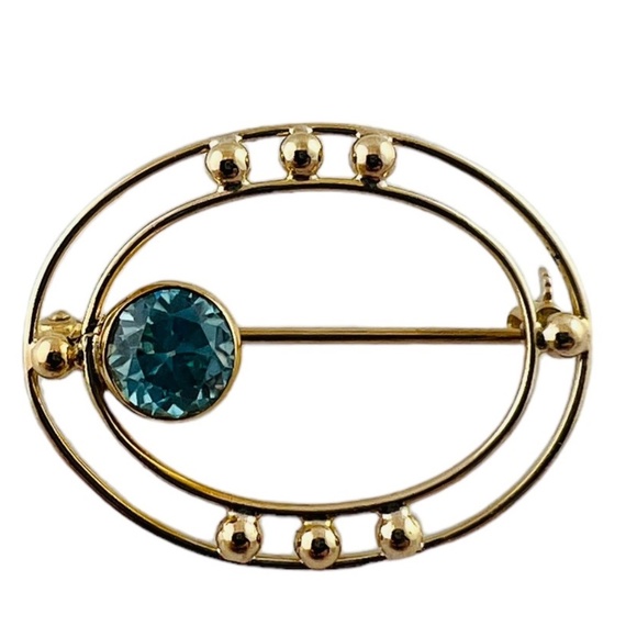 10K Yellow Gold Open Oval Blue Zircon Brooch #15684 - Picture 4 of 9
